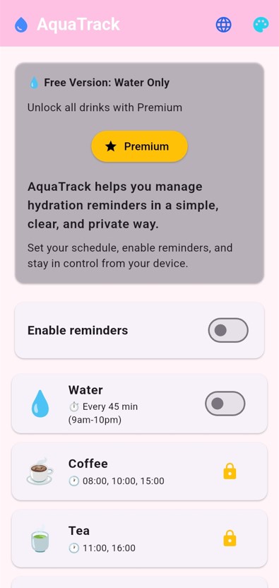 AquaTrack home screen with reminder schedule for water, coffee and tea