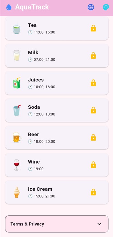 AquaTrack premium drink categories list including tea, milk, juice and more